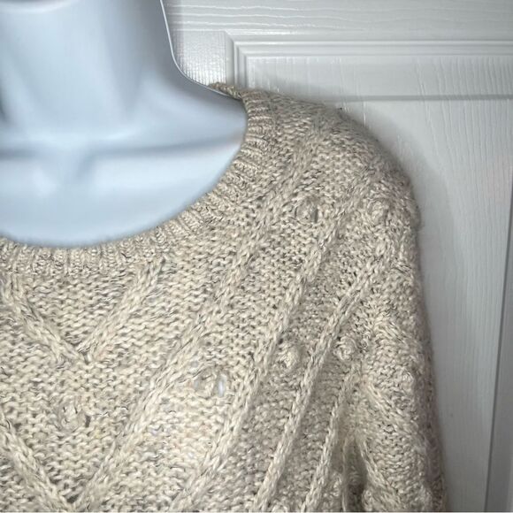 GAP Heather Oatmeal Cream Crew Neck Sweater Bobble Textured Knit Puff Sleeves M - Picture 7 of 13
